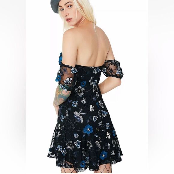 For Love & Lemons Botanic Mini Black Dress Butterfly Embroidered Size M - Picture 8 of 17